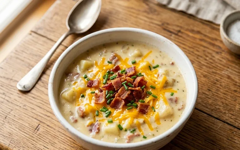 A white bowl of loaded baked potato soup topped with cheese, bacon, and chives, photographed from above.