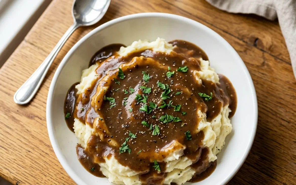 A white bowl of mashed potatoes with brown gravy, photographed from above.