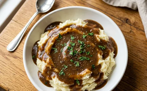 A white bowl of mashed potatoes with brown gravy, photographed from above.
