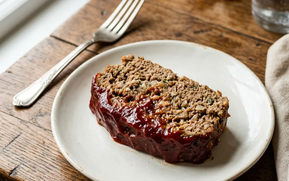 A slice of meatloaf with tomato glaze on a white plate, photographed from above.