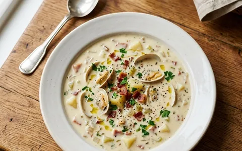 A white bowl of creamy New England clam chowder with clams and potatoes, photographed from above.