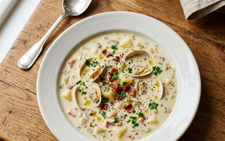 A white bowl of creamy New England clam chowder with clams and potatoes, photographed from above.