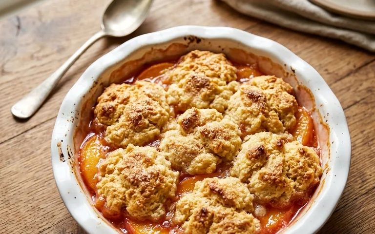 A white baking dish of peach cobbler with golden topping, photographed from above.