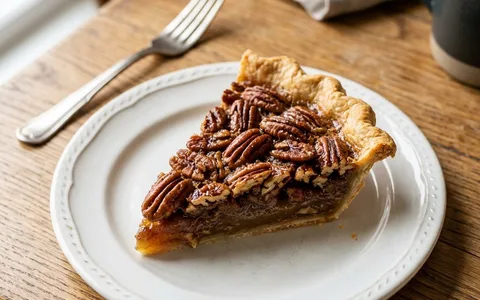 A white plate of a sliced pecan pie with toasted pecans, photographed from above.