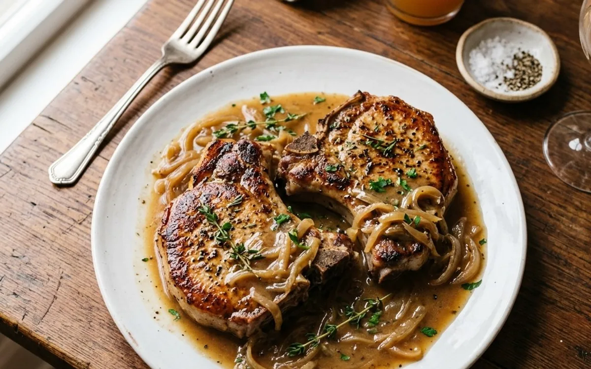 A white plate of pan-seared pork chops in onion gravy, photographed from above.