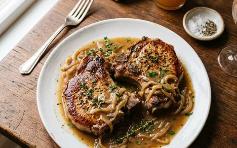 A white plate of pan-seared pork chops in onion gravy, photographed from above.