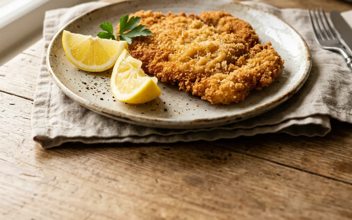 A golden breaded pork schnitzel