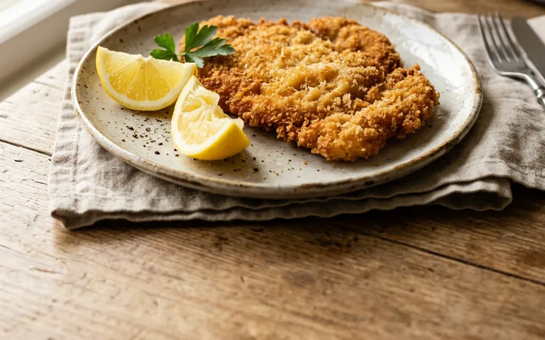 A golden breaded pork schnitzel