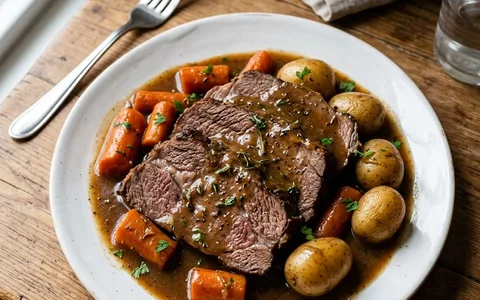 A white plate of sliced pot roast with carrots and potatoes in gravy, photographed from above.