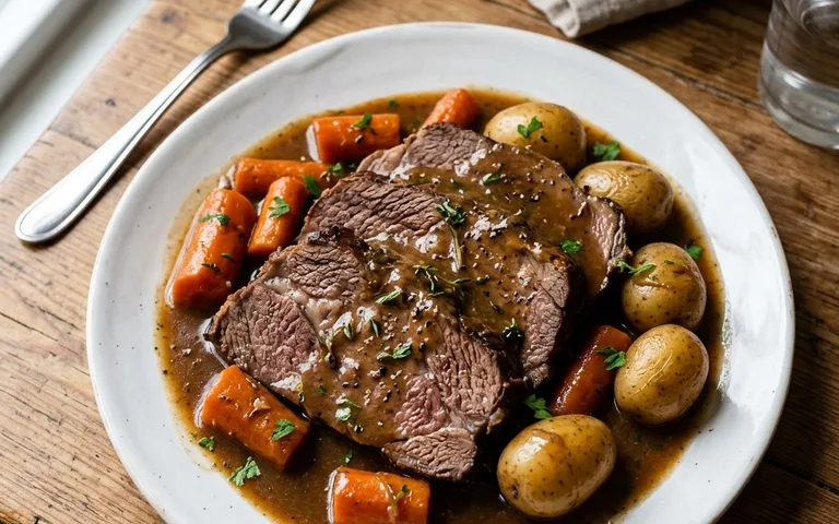 A white plate of sliced pot roast with carrots and potatoes in gravy, photographed from above.