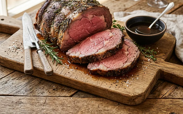 A sliced standing rib roast