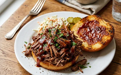 A white plate of a pulled beef sandwich on a bun, photographed from above.