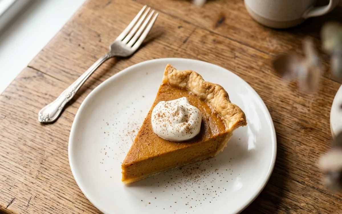 A white plate of a sliced pumpkin pie, photographed from above.