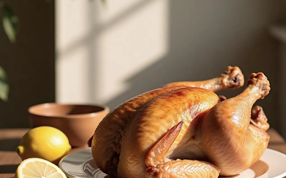 A whole roast chicken with crisp golden skin, resting on a platter with lemon and herbs