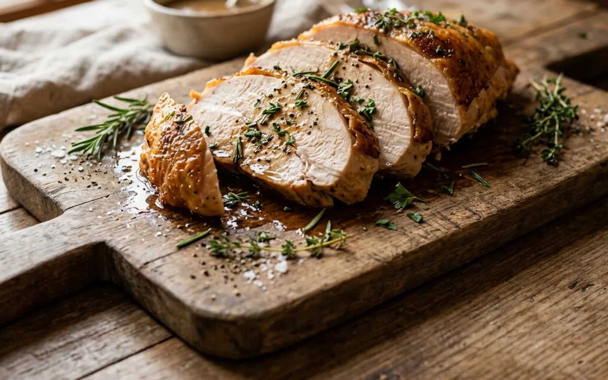 A whole roast turkey breast with crisp skin