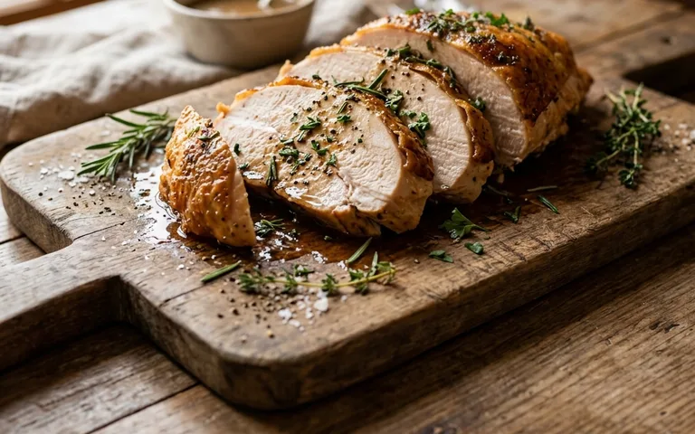 A whole roast turkey breast with crisp skin