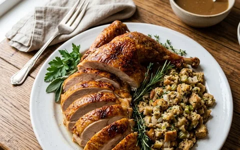 A white platter of sliced roast turkey with bread stuffing, photographed from above.