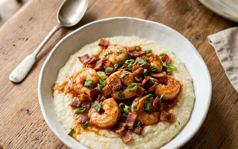 A white shallow bowl of shrimp and grits with bacon, photographed from above.