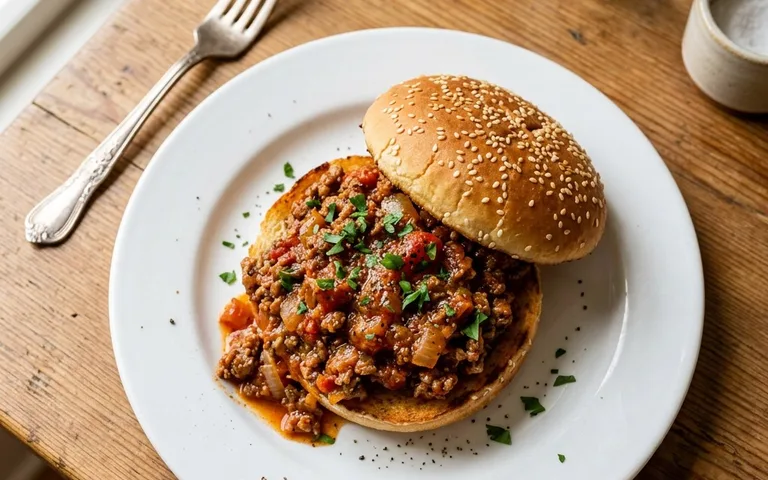 An open-faced Sloppy Joe sandwich on a white plate, photographed from above.