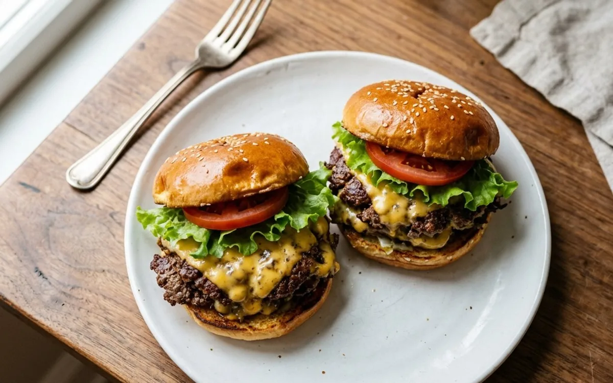 A white plate of two smash burgers with cheese on buns, photographed from above.
