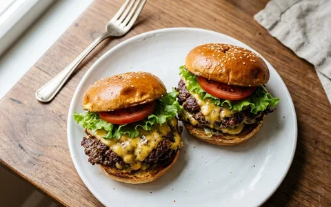 A white plate of two smash burgers with cheese on buns, photographed from above.