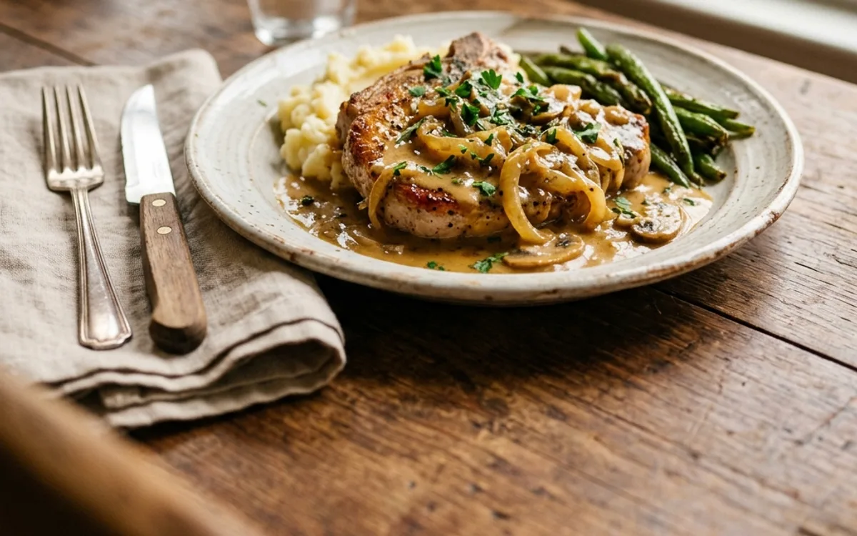 Pork chops smothered in onion gravy