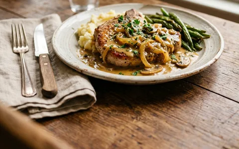 Pork chops smothered in onion gravy