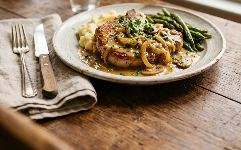 Pork chops smothered in onion gravy