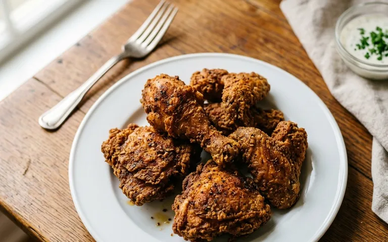 A white plate of crispy Southern fried chicken pieces, photographed from above.