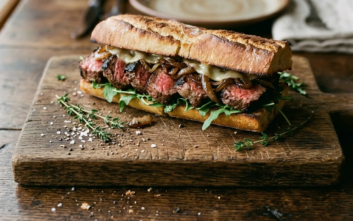 A steak sandwich on a hoagie roll
