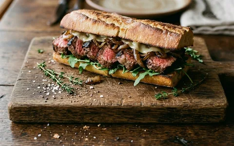 A steak sandwich on a hoagie roll