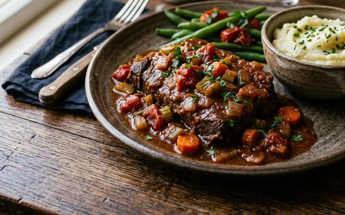A plate of swiss steak in tomato gravy