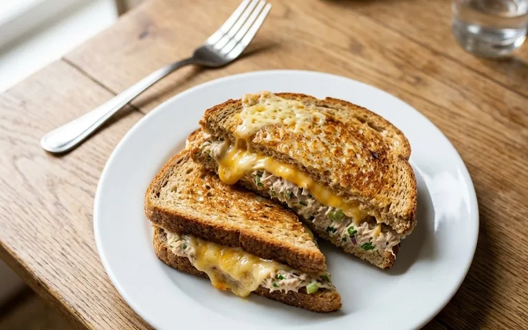 A white plate of a tuna melt sandwich with melted cheese, photographed from above.