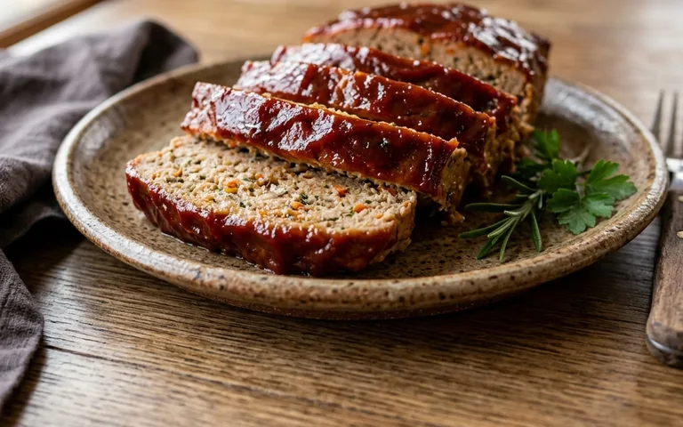 A sliced turkey meatloaf with a red glaze on top