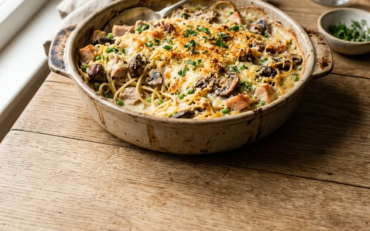 A baked casserole of turkey tetrazzini with a golden top