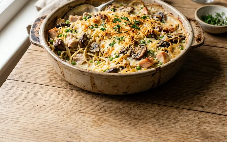 A baked casserole of turkey tetrazzini with a golden top